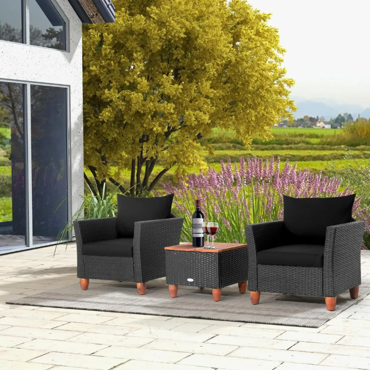 Tangkula 3 Pieces Patio Porch Furniture Set, PE Rattan Wicker Chair Conversation Set with Cushions and Storage Table