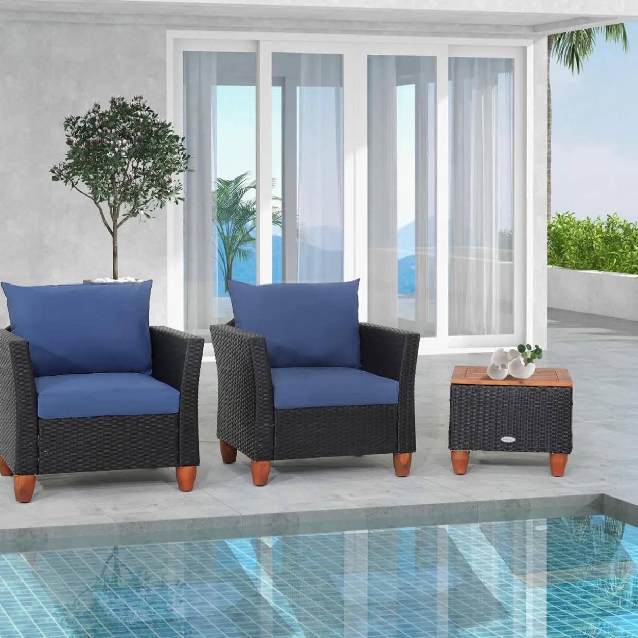 Tangkula 3 Pieces Patio Porch Furniture Set, PE Rattan Wicker Chair Conversation Set with Cushions and Storage Table