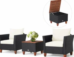 Tangkula 3 Pieces Patio Porch Furniture Set, PE Rattan Wicker Chair Conversation Set with Cushions and Storage Table