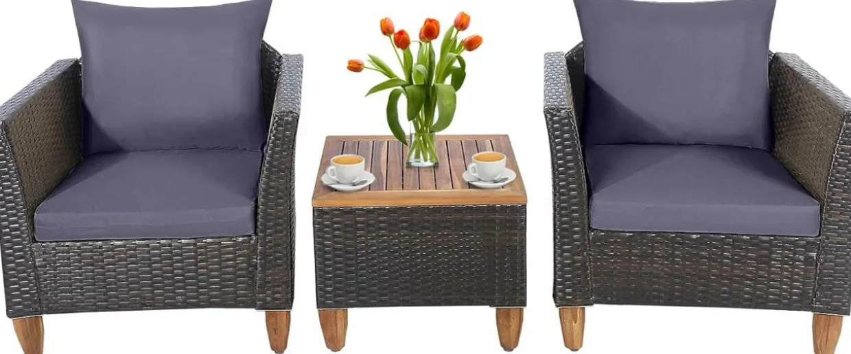 Tangkula 3 Pieces Patio Porch Furniture Set, PE Rattan Wicker Chair Conversation Set with Cushions and Storage Table