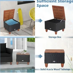 Tangkula 3 Pieces Patio Porch Furniture Set, PE Rattan Wicker Chair Conversation Set with Cushions and Storage Table