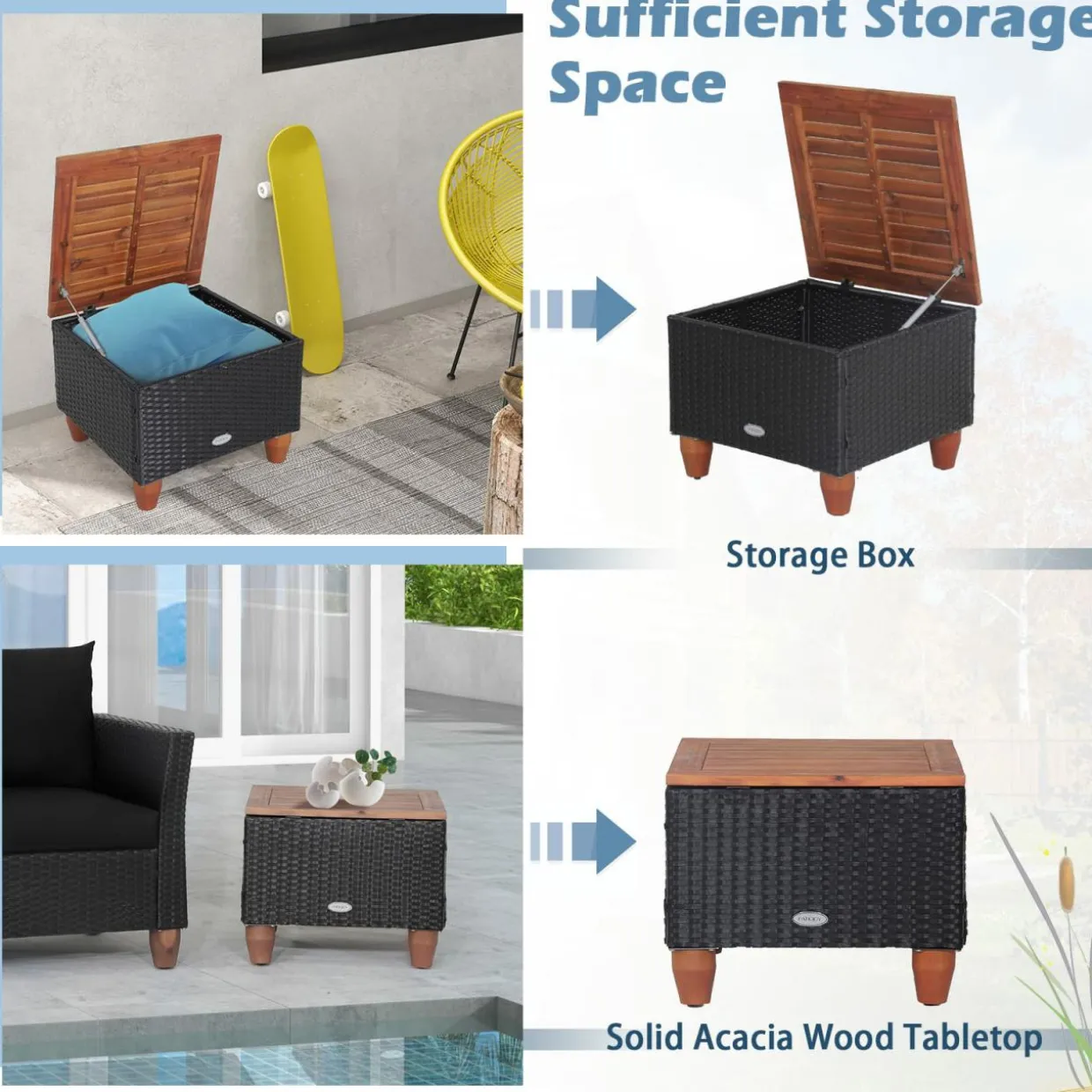 Tangkula 3 Pieces Patio Porch Furniture Set, PE Rattan Wicker Chair Conversation Set with Cushions and Storage Table