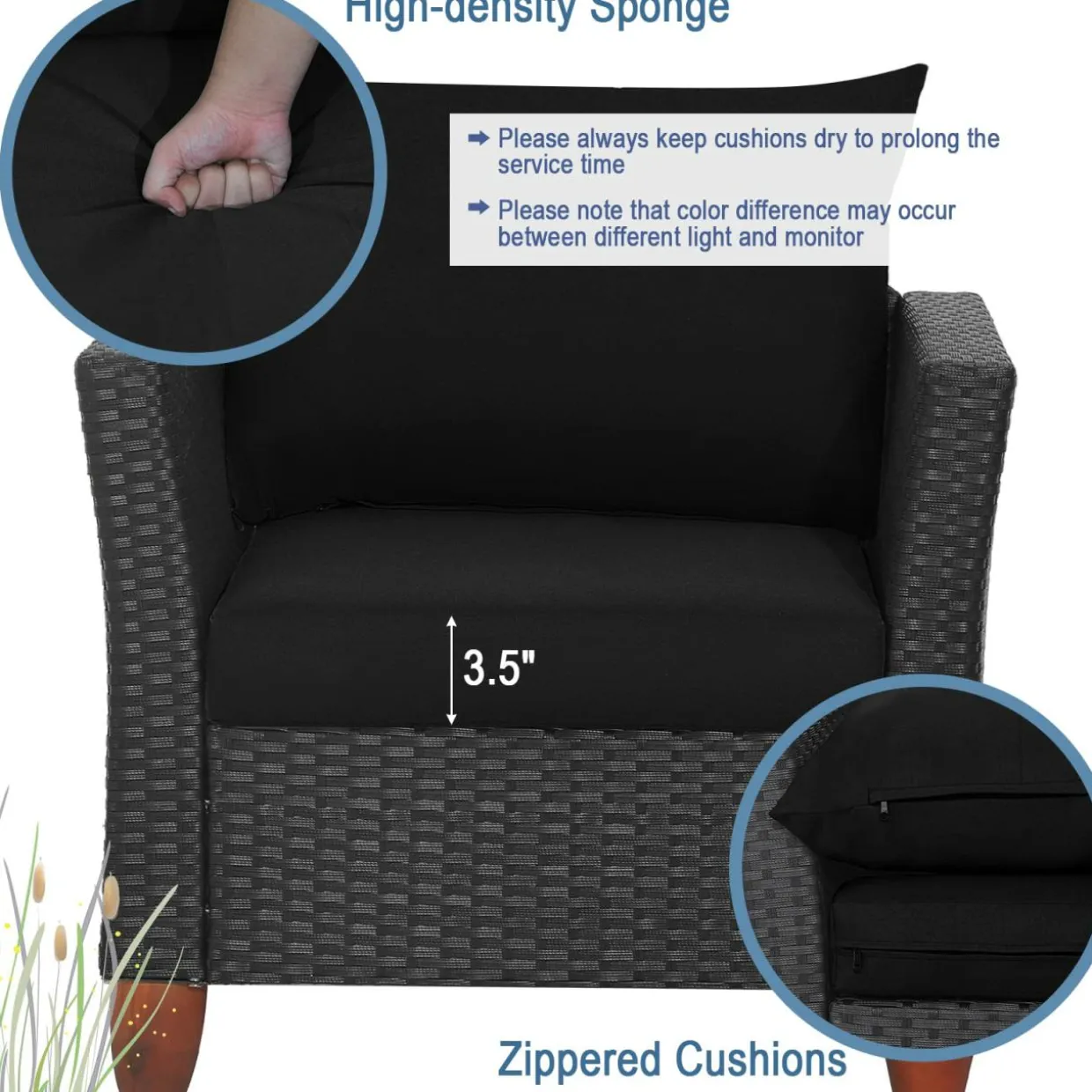 Tangkula 3 Pieces Patio Porch Furniture Set, PE Rattan Wicker Chair Conversation Set with Cushions and Storage Table