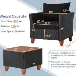 Tangkula 3 Pieces Patio Porch Furniture Set, PE Rattan Wicker Chair Conversation Set with Cushions and Storage Table