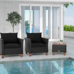 Tangkula 3 Pieces Patio Porch Furniture Set, PE Rattan Wicker Chair Conversation Set with Cushions and Storage Table