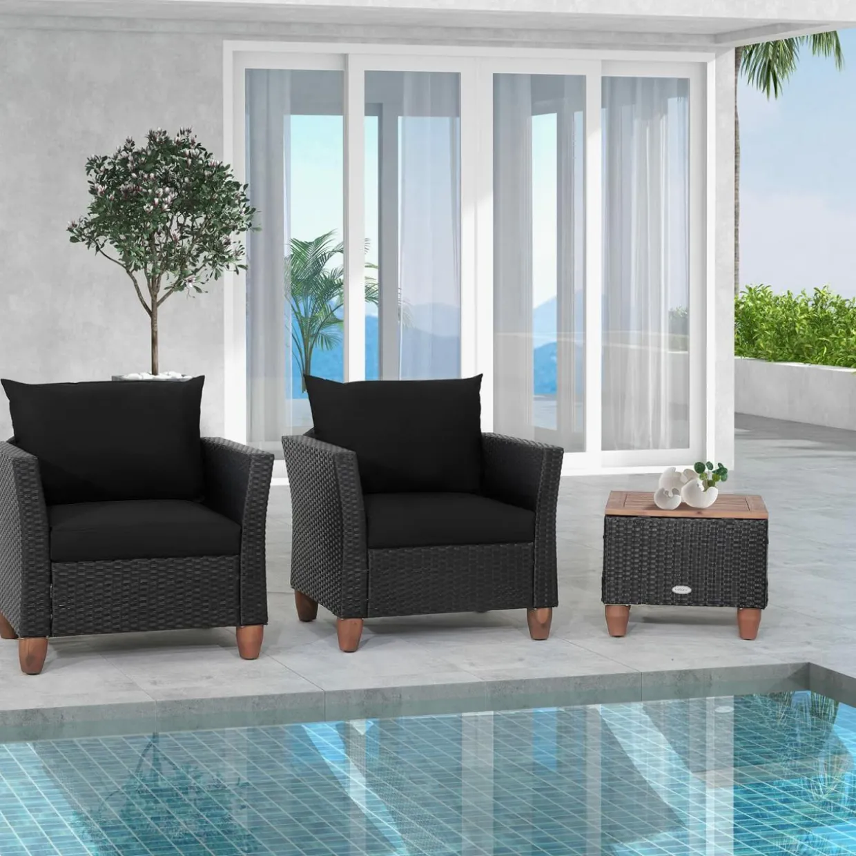 Tangkula 3 Pieces Patio Porch Furniture Set, PE Rattan Wicker Chair Conversation Set with Cushions and Storage Table