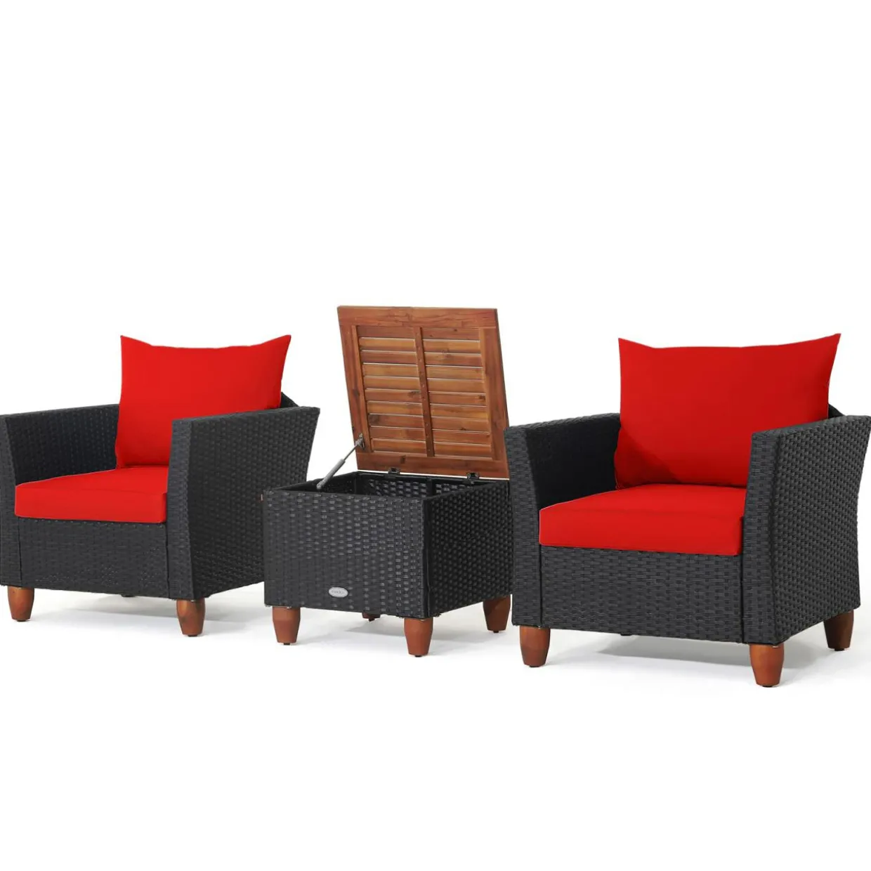 Tangkula 3 Pieces Patio Porch Furniture Set, PE Rattan Wicker Chair Conversation Set with Cushions and Storage Table