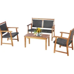 Tangkula 4 Pieces Patio Rattan Conversation Set with Acacia Wood Frame, Patiojoy Outdoor Furniture Set with Chairs & Coffee Table