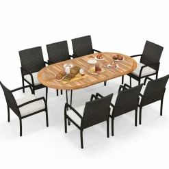 Tangkula 9 Pieces Patio Rattan Dining Set, Outdoor Oval Acacia Wood Dining Table and 8 Patio Wicker Armchairs Set with Umbrella Hole