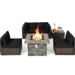 Tangkula 6 Pieces Patio Rattan Sofa Set, Patiojoy Outdoor Wicker Set w/ 34.5" Faux Stone Fire Pit Table