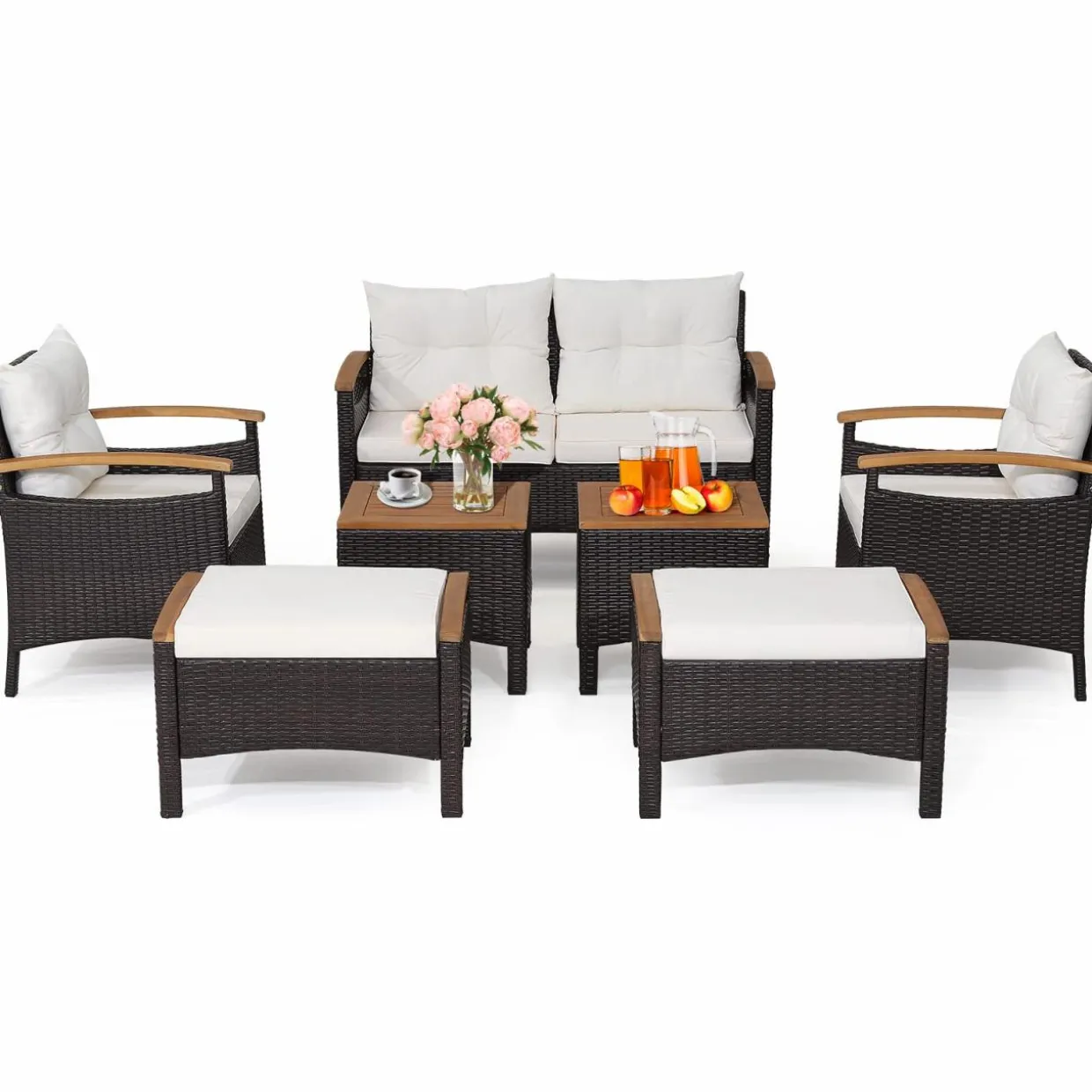 Tangkula 7 Pieces Patio Rattan Sofa Set, Outdoor Wicker Conversation Set
