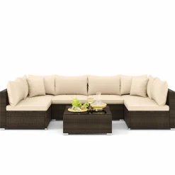 Tangkula 7 Pieces Patio Rattan Furniture Set, Patiojoy Outdoor Conversation Set with Cushions and Tempered Glass Coffee Table