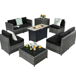 Tangkula 9 Pieces Patio Rattan Furniture Set, Patiojoy Sectional Sofa Set with Fire Pit Table,Waterproof Covers Includes