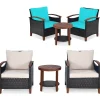 Tangkula 3 Pieces Patio Rattan Furniture Set, Outdoor Wicker Sofa Set w/Washable Cushion and Acacia Wood Tabletop