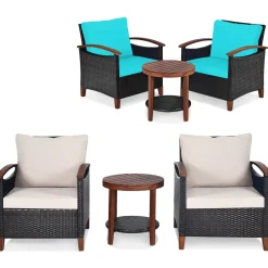 Tangkula 3 Pieces Patio Rattan Furniture Set, Outdoor Wicker Sofa Set w/Washable Cushion and Acacia Wood Tabletop