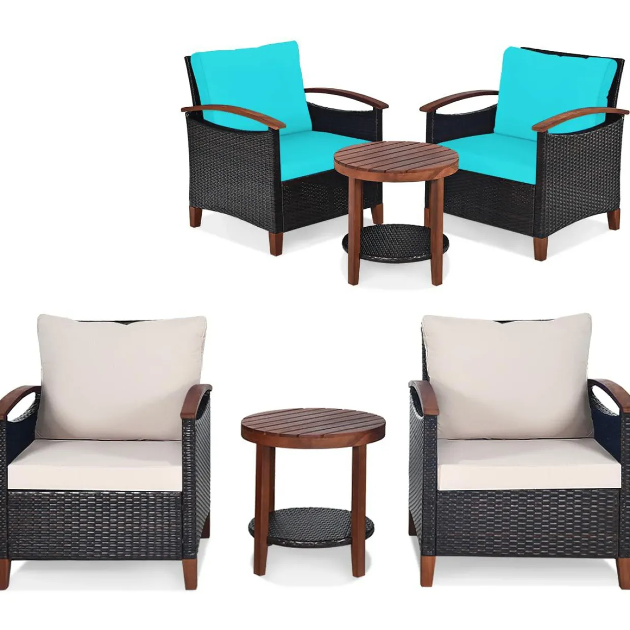 Tangkula 3 Pieces Patio Rattan Furniture Set, Outdoor Wicker Sofa Set w/Washable Cushion and Acacia Wood Tabletop