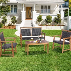 Tangkula 4 Pieces Patio Rattan Conversation Set with Acacia Wood Frame, Patiojoy Outdoor Furniture Set with Chairs & Coffee Table