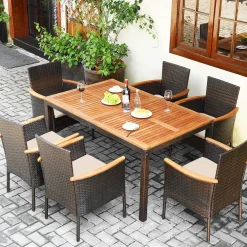 Tangkula 7 Pieces Patio Rattan Dining Set, Outdoor Conversation Set w/Acacia Wood Tabletop & Umbrella Hole, Stackable Chairs w/Soft Cushion