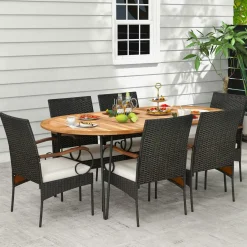 Tangkula 9 Pieces Patio Rattan Dining Set, Outdoor Oval Acacia Wood Dining Table and Wicker Armchairs Set with Umbrella Hole
