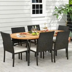 Tangkula 9 Pieces Patio Rattan Dining Set, Outdoor Oval Acacia Wood Dining Table and 8 Patio Wicker Armchairs Set with Umbrella Hole
