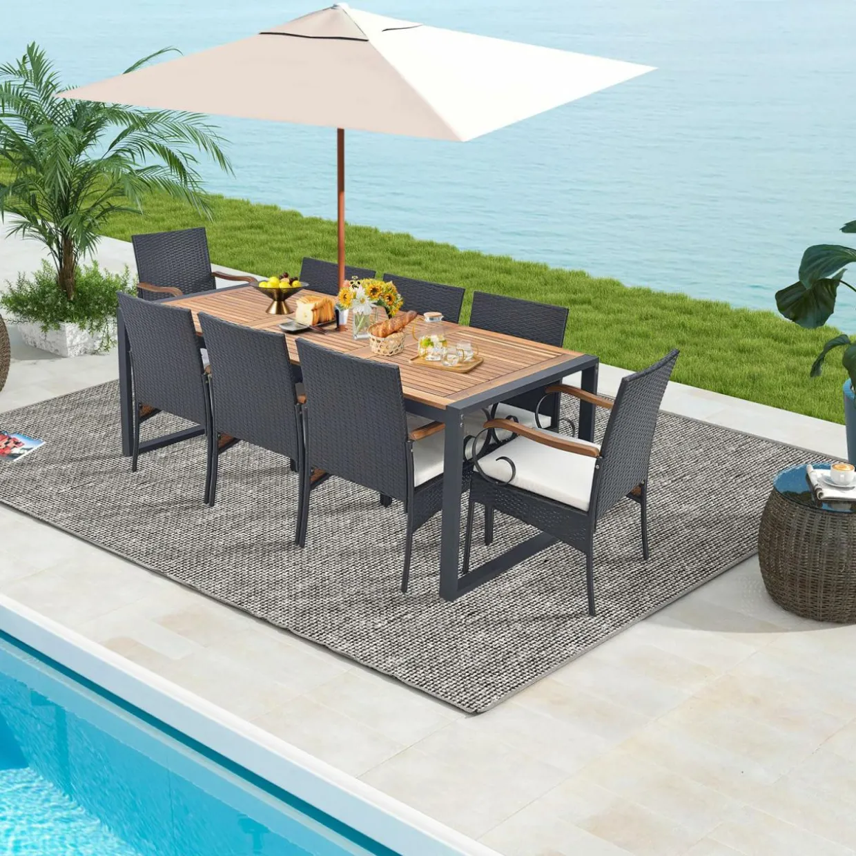 Tangkula 9 Pieces Patio Rattan Dining Set with Acacia Wood Table, Outdoor Table and Chairs Set with Cushions