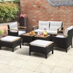 Tangkula 7 Pieces Patio Rattan Sofa Set, Outdoor Wicker Conversation Set