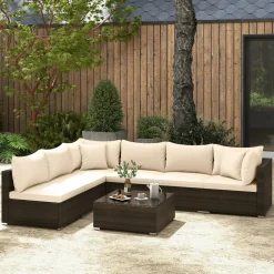 Tangkula 7 Pieces Patio Rattan Furniture Set, Patiojoy Outdoor Conversation Set with Cushions and Tempered Glass Coffee Table