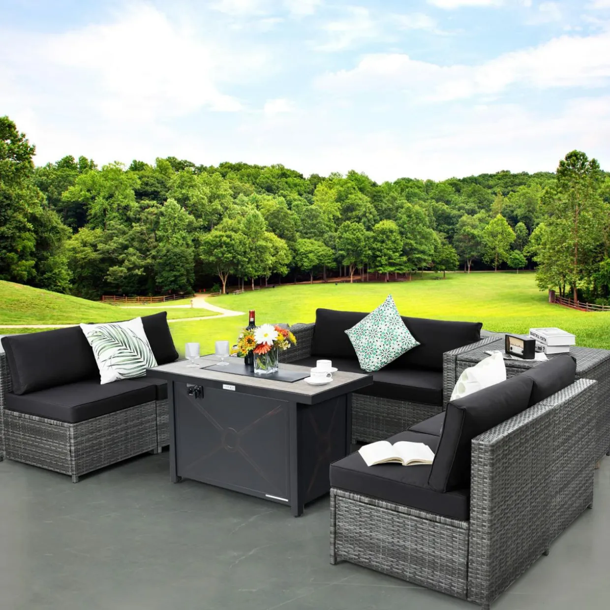 Tangkula 9 Pieces Patio Rattan Furniture Set, Patiojoy Sectional Sofa Set with Fire Pit Table,Waterproof Covers Includes