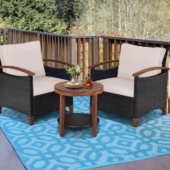 Tangkula 3 Pieces Patio Rattan Furniture Set, Outdoor Wicker Sofa Set w/Washable Cushion and Acacia Wood Tabletop