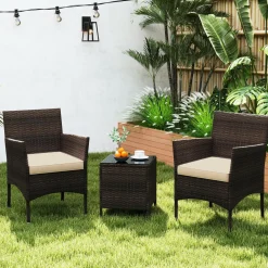 Tangkula 3 Pieces Patio Rattan Furniture Set, Outdoor Conversation Set with PE Wicker Armchairs
