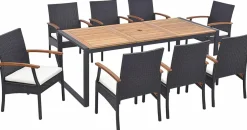Tangkula 9 Pieces Patio Rattan Dining Set with Acacia Wood Table, Outdoor Table and Chairs Set with Cushions