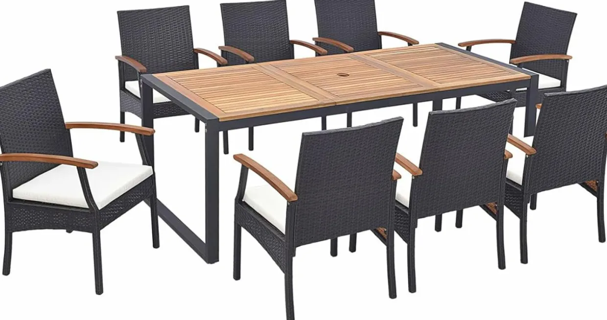 Tangkula 9 Pieces Patio Rattan Dining Set with Acacia Wood Table, Outdoor Table and Chairs Set with Cushions