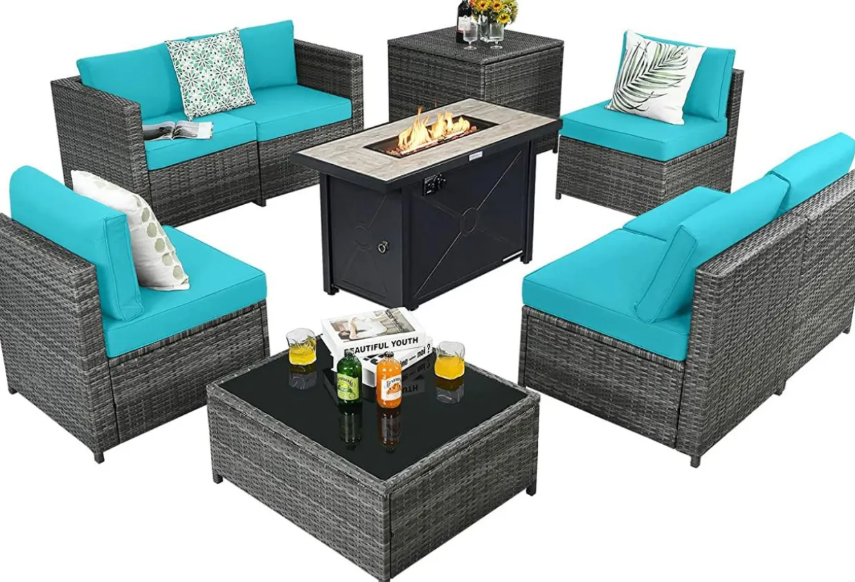 Tangkula 9 Pieces Patio Rattan Furniture Set, Patiojoy Sectional Sofa Set with Fire Pit Table,Waterproof Covers Includes