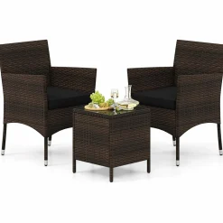 Tangkula 3 Pieces Patio Rattan Furniture Set, Outdoor Conversation Set with PE Wicker Armchairs