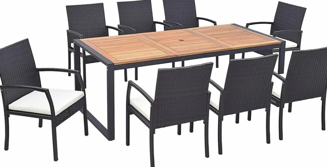 Tangkula 9 Pieces Patio Rattan Dining Set with Acacia Wood Table, Outdoor Table and Chairs Set with Cushions