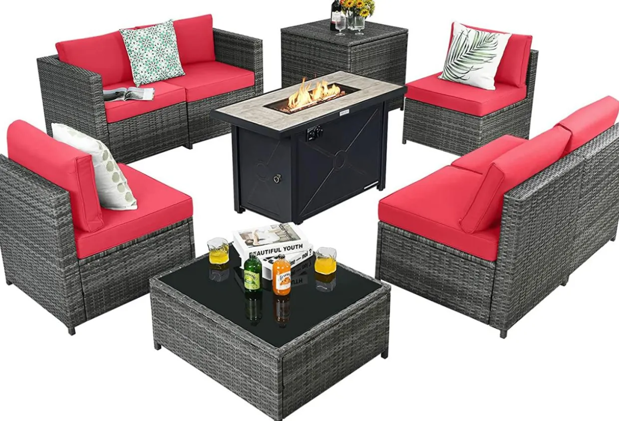 Tangkula 9 Pieces Patio Rattan Furniture Set, Patiojoy Sectional Sofa Set with Fire Pit Table,Waterproof Covers Includes