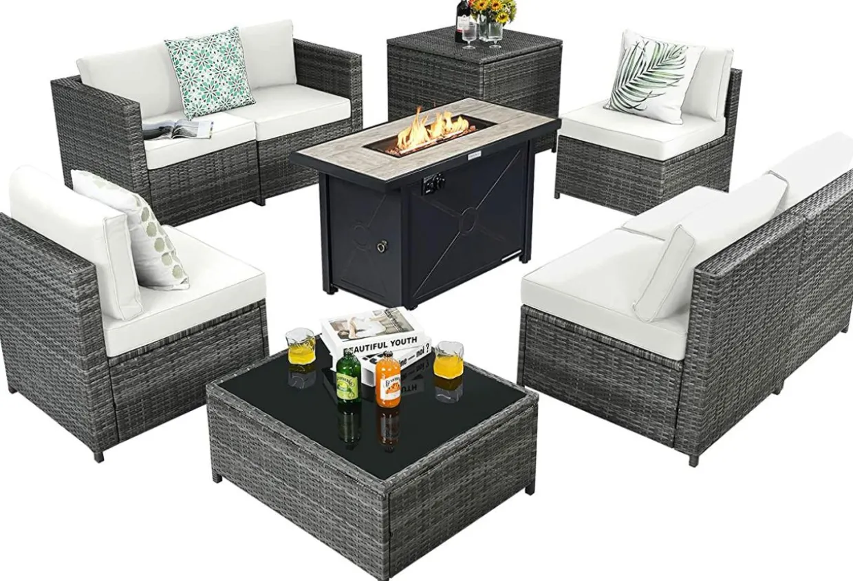 Tangkula 9 Pieces Patio Rattan Furniture Set, Patiojoy Sectional Sofa Set with Fire Pit Table,Waterproof Covers Includes
