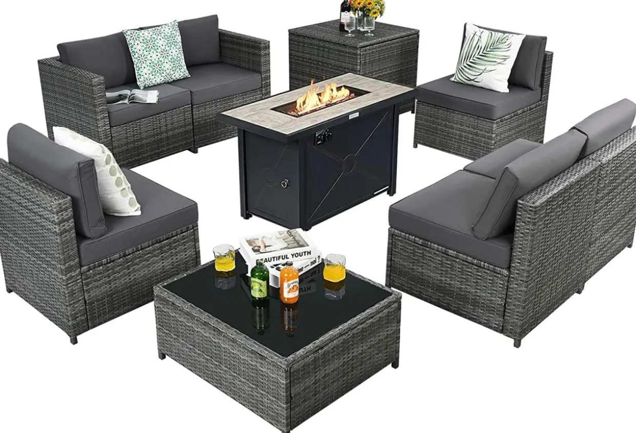 Tangkula 9 Pieces Patio Rattan Furniture Set, Patiojoy Sectional Sofa Set with Fire Pit Table,Waterproof Covers Includes