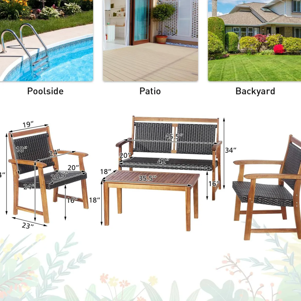 Tangkula 4 Pieces Patio Rattan Conversation Set with Acacia Wood Frame, Patiojoy Outdoor Furniture Set with Chairs & Coffee Table