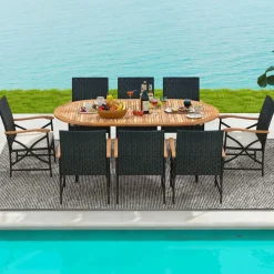 Tangkula 9 Pieces Patio Rattan Dining Set, Outdoor Oval Acacia Wood Dining Table and 8 Patio Wicker Armchairs Set with Umbrella Hole