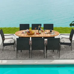 Tangkula 9 Pieces Patio Rattan Dining Set, Outdoor Oval Acacia Wood Dining Table and Wicker Armchairs Set with Umbrella Hole