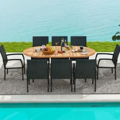 Tangkula 9 Pieces Patio Rattan Dining Set, Outdoor Oval Acacia Wood Dining Table and 8 Patio Wicker Armchairs Set with Umbrella Hole