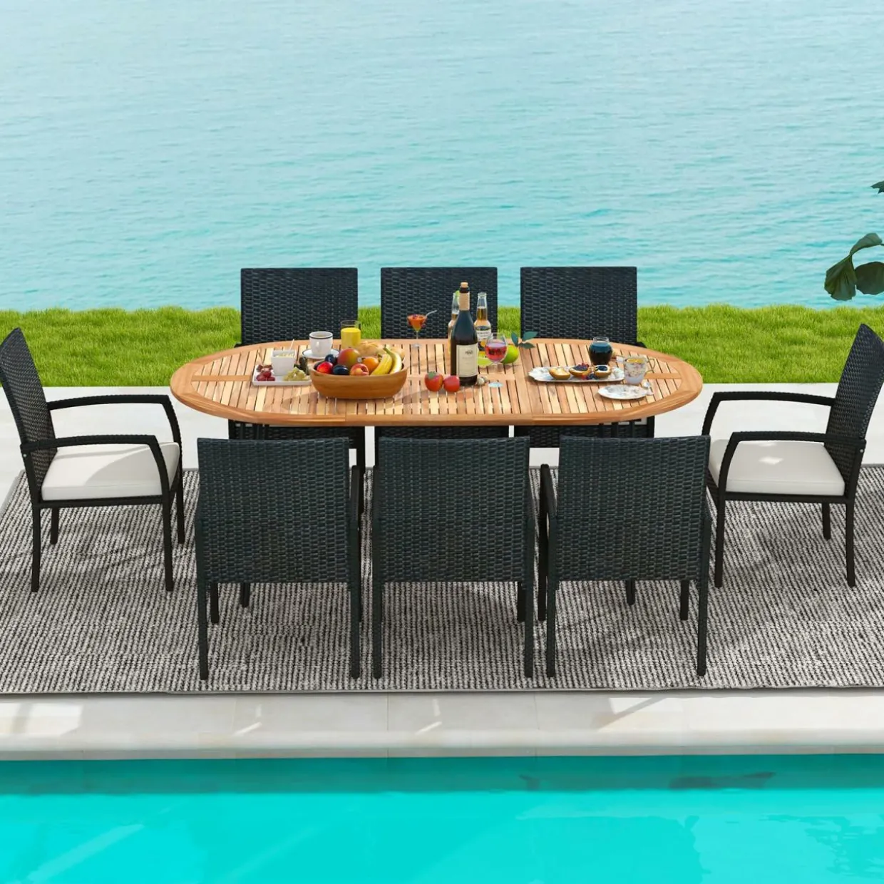 Tangkula 9 Pieces Patio Rattan Dining Set, Outdoor Oval Acacia Wood Dining Table and 8 Patio Wicker Armchairs Set with Umbrella Hole
