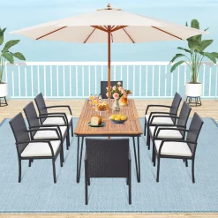 Tangkula 9 Pieces Patio Rattan Dining Set with Acacia Wood Table