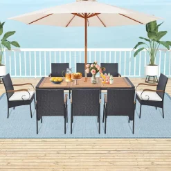 Tangkula 9 Pieces Patio Rattan Dining Set with Acacia Wood Table, Outdoor Table and Chairs Set with Cushions