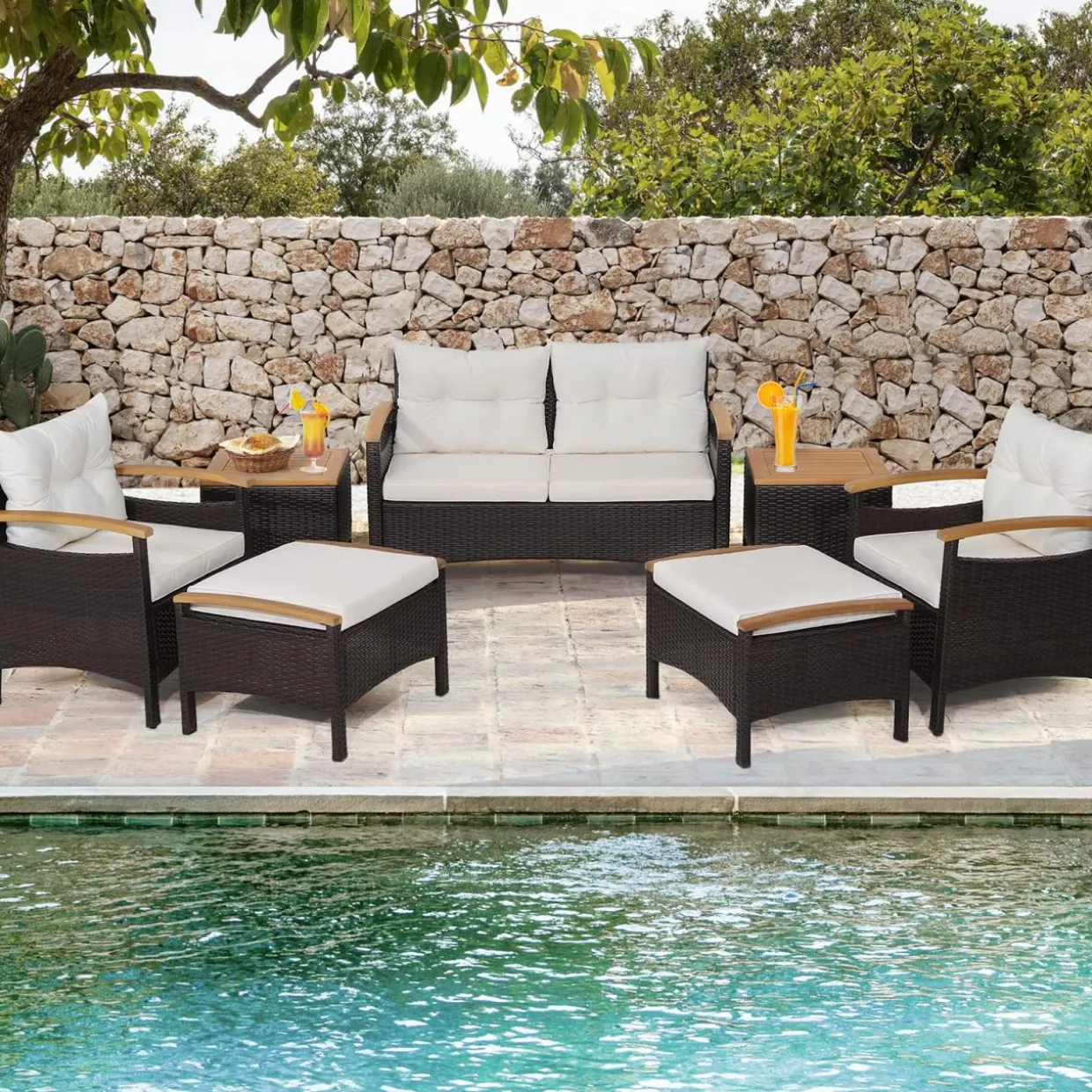 Tangkula 7 Pieces Patio Rattan Sofa Set, Outdoor Wicker Conversation Set
