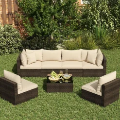 Tangkula 7 Pieces Patio Rattan Furniture Set, Patiojoy Outdoor Conversation Set with Cushions and Tempered Glass Coffee Table