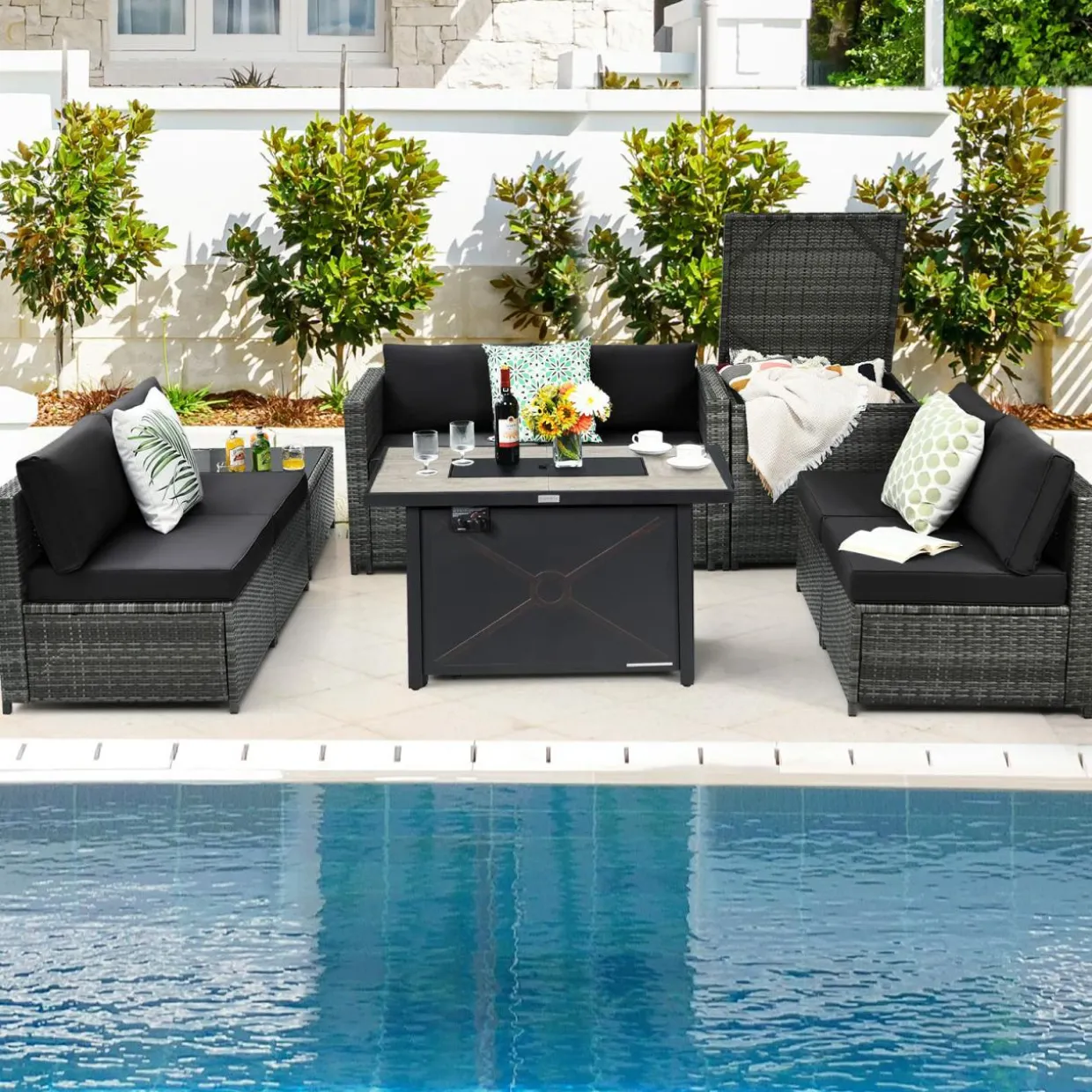 Tangkula 9 Pieces Patio Rattan Furniture Set, Patiojoy Sectional Sofa Set with Fire Pit Table,Waterproof Covers Includes