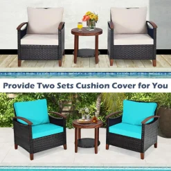 Tangkula 3 Pieces Patio Rattan Furniture Set, Outdoor Wicker Sofa Set w/Washable Cushion and Acacia Wood Tabletop