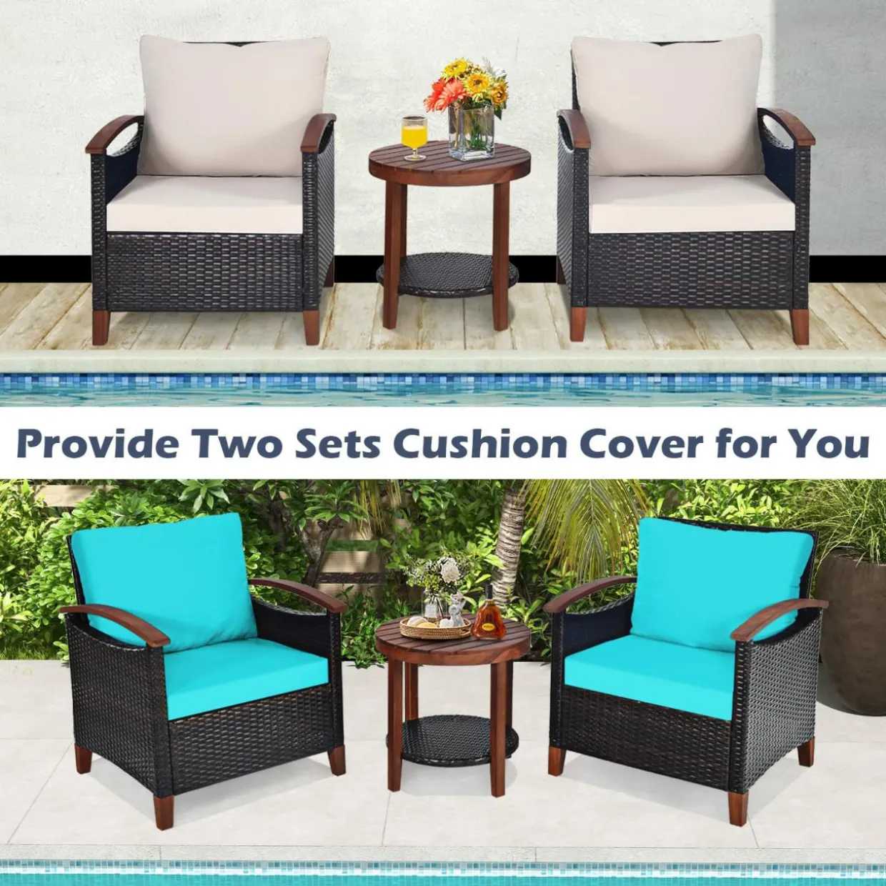 Tangkula 3 Pieces Patio Rattan Furniture Set, Outdoor Wicker Sofa Set w/Washable Cushion and Acacia Wood Tabletop